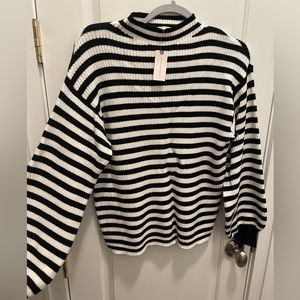 NWT Anthropologie Mockneck Black and White Stripe Balloon Sleeve Sweater